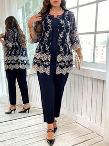 SHEIN Clasi 大码优雅刺绣网眼上衣和裤子两件套，夏季 - 藏蓝色 - 查看 7