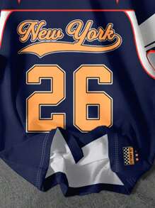 SHEIN 青少年男孩休闲经典棒球图案圆领短袖 T 恤，带有数字 26、星条和色块印花，适合运动、棒球、户外、街头风格、夏季 - 彩色 - 查看 3