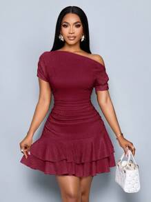SOLERSUN Women's Elegant Party Daytime Apricot Knitted Asymmetrical Neck Neck Long Sleeves Gathered Double Ruffle Mini Dress - Burgundy - View 5