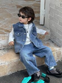 Dazy Kids Kids Autumn Outfit - 3pcs Set: Loose Denim Jacket, Denim Vest And Straight Leg Denim Pants For Toddler Boys - Medium Wash - View 2