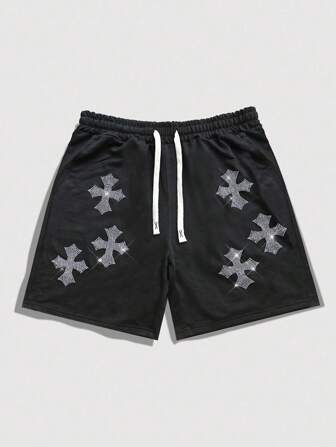 Street Life Shorts noirs pour hommes avec taille à cordon et décorations de croix et strass