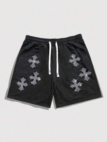Goth Pantalones cortos negros con cintura ajustable con cordón, decorados con cruces y rhinestones para hombre