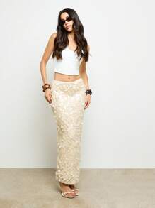 AiiRZ Shimmering Paillette Sequin Maxi Skirt Evening Party Wedding Guest Side Split Formal Special Occasion Fashion