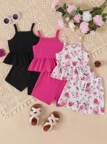 3 件套 Babygirl 休闲套装：罗纹图案背心、抽绳腰短裤，适合春夏季外出和海滩穿着 - 彩色 - 查看 2