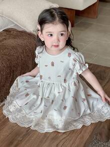 Dazy Kids Robe d'été style coréen à manches bouffantes et imprimé ours de dessin animé pour tout-petites filles