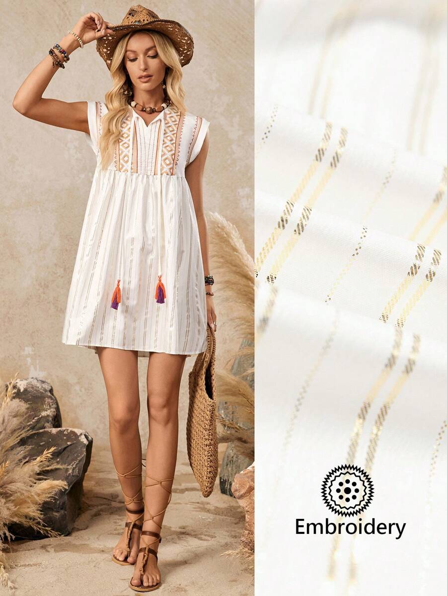 SHEIN LUNE Women's White And Gold V-Neck Lace-Up Tassel Embroidery Splice Stripe Foil Loose Fit Casual Boho Vacation Holiday Summer Everyday Chic Mini Dress - White - View 1