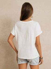 Poéselle 100% Cotton T-Shirt With Symbolic Eye Pattern Emboridery, White Essential, Summer Outfit, Wedding Season Essential, Cottagecore Embroidery Tee, Short Sleeve T-Shirt, Effortless Chic Casual Style - White - View 2