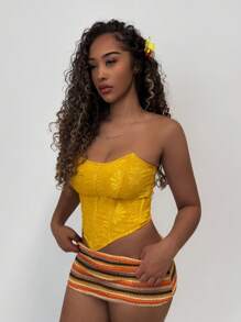 Amplova Áo Bandeau họa tiết hoa Jacquard viền bất đối xứng dành cho nữ, thời trang - Màu vàng - Xem 3
