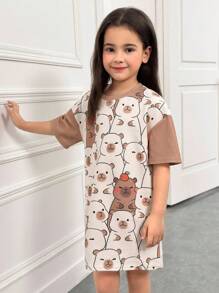 SHEIN Vestido casual de manga corta con cuello redondo, estampado de capibara, cómodo y suelto para niña joven - Caqui - Ver 3