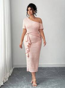 Elenzga Plus Size Women Jacquard Asymmetric Collar Short Sleeve Ruffle Trim Elegant Dress