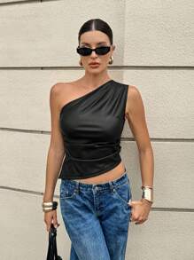 SHEIN X Belinda Siren Gaze Top con un solo hombro plisado de PU color burdeos, top adelgazante con cintura fruncida para mujeres