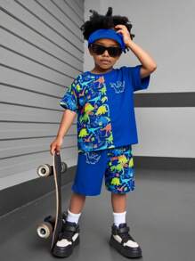 2pcs Young Boy Dinosaur Patchwork Print Short Sleeve T-Shirt And Shorts Set, Summer Outfit