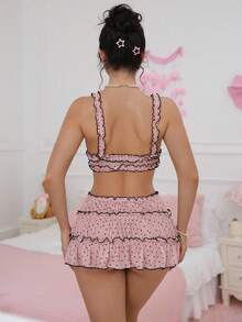 Polka Dot Ruffle Cute Sweet Girl Bra + Pleated Mini Skirt Sexy Lingerie Set For Women - Pink - View 2