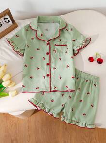 Conjunto de pijama para niñas preadolescentes, blusa de manga corta con volantes y estampado de cerezas, shorts elegantes y cómodos de moda