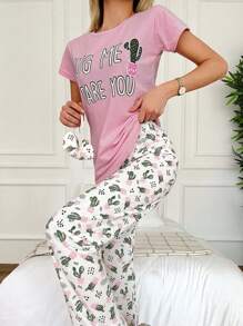 RueChic 標語和仙人掌T恤和褲子睡衣套裝附眼罩 - 彩色 - 查看 4