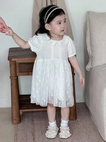 Dazy Kids Toddler Girl's Summer Peter Pan Collar Embroidered Party/Birthday Short Sleeve A-Line Dress - White - View 5