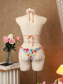 SHEIN Swim 女士夏季沙滩花卉印花吊带性感比基尼两件套泳衣套装，随机印花 - 彩色 - 查看 2