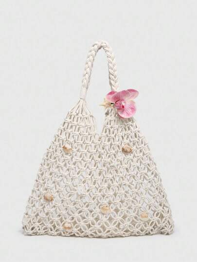 Kawaii Women's Vintage Bow, Seashell Embroidery, English Slogan Print Large Capacity Tote Bag With Bowknot, Suitable For Shopping, School