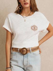 Poéselle 100% Cotton T-Shirt With Symbolic Eye Pattern Emboridery, White Essential, Summer Outfit, Wedding Season Essential, Cottagecore Embroidery Tee, Short Sleeve T-Shirt, Effortless Chic Casual Style - White - View 4
