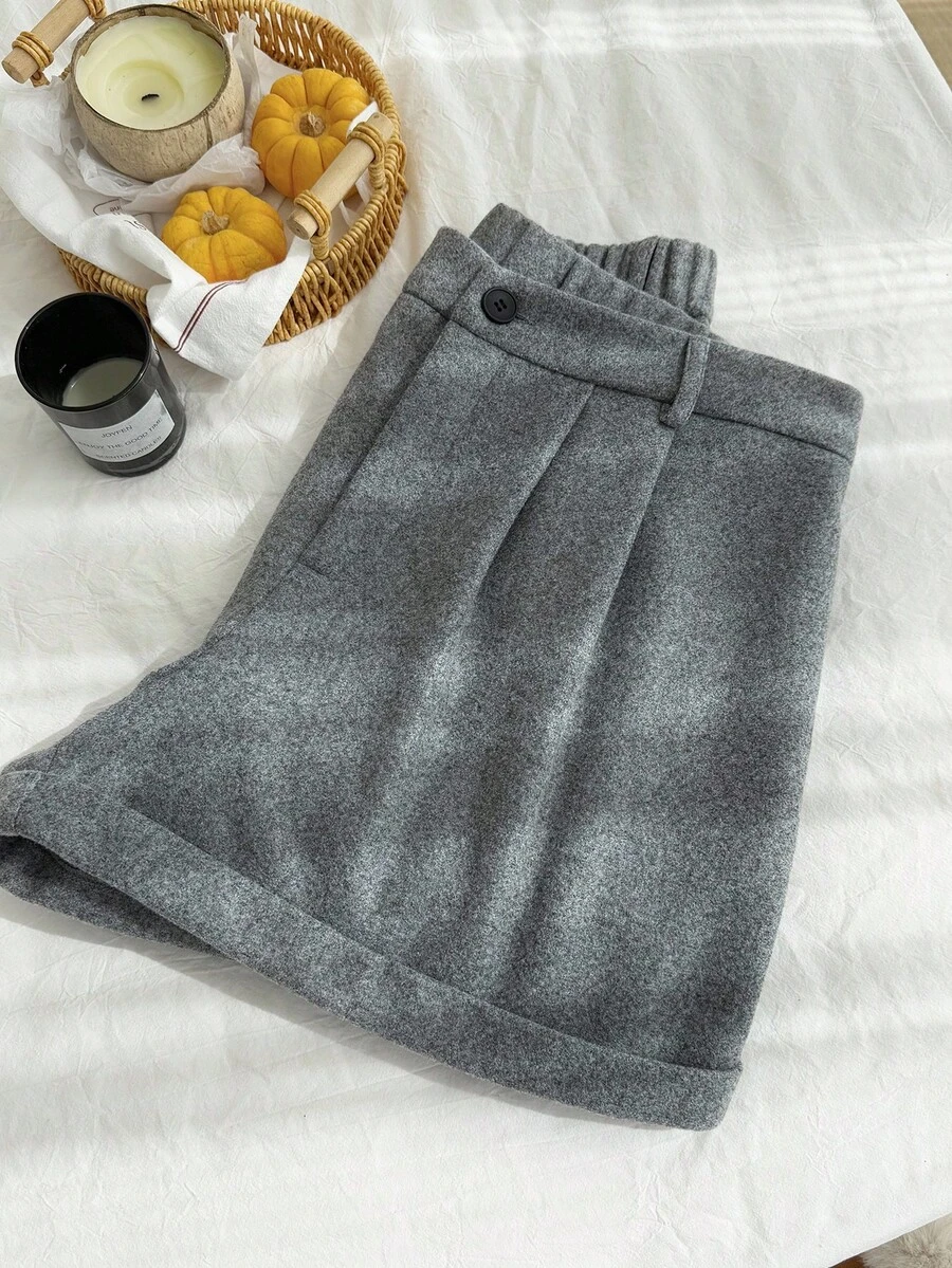 Comfortcana Einfarbige Vintage Woll-Shorts mit Bund in Große Größen, Herbst/Winter Damen Shorts Kleidershorts - Grau - Übersicht 1