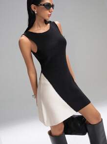 LYSMO Women's Black And Beige Patchwork Mini Sweater Dress,Autumn Chic Sleeveless Skinny Dress For Date,Formal Cocktail Party Wedding Guest Office Wear - Black and White - View 5