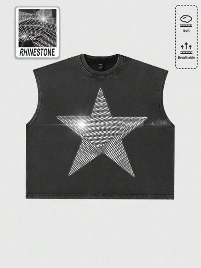 Street Life Men's Sparkling Diamond Rhinestone Star Print Sleeveless Vest, Loose Cropped Style