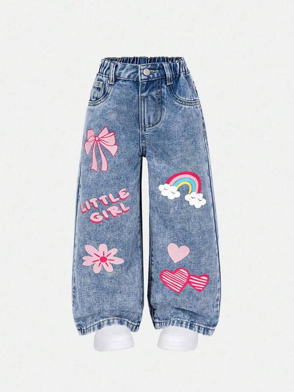 Jeans de mezclilla desgastados con estampado lindo, de corte holgado y acampanado para niñas jóvenes