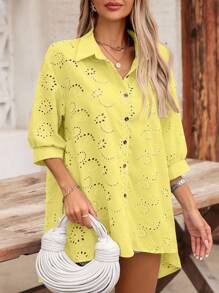 EMERY ROSE Women's Casual Vacation Style Solid Color Schiffy Loose Drop Shoulder Shirt, Spring/Summer - Yellow - View 7