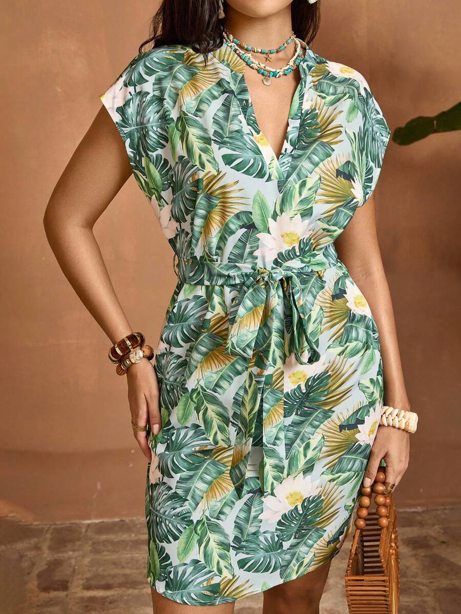 Travachic The White Lotus Lightweight Cap Sleeve Tropical Print Boho Dress With Adjustable Belt Ideal For Summer Travel Tropical Dress Vacation Dress Tropical Vacation Dress Island Dress Palm Leaf Dress - Green - View 1