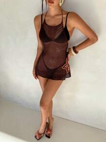 Aloruh Women Spring And Summer Vacation Crochet Brown Dresses