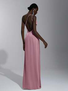 Elitara Vestido elegante, romántico, sexy, minimalista, de satén, elástico, con espalda abierta, volantes en el bajo, ajustado al Body, con abertura alta, de moda, estilo de influencer, para vacaciones, fiestas, bodas, dama de honor