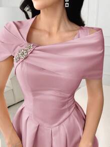 Modelyn Women's Solid Color Rhinestone Flower Decor Ruffle Elegant Dress - Pink - View 3