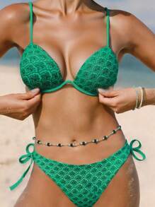 Swim Mod 2pcs/Set Women's Fashion New Random Printed Padded Triangle Bikini Summer Beach Swimsuit - Green - View 1