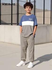 Vacaura Boy Summer Outfit 2pcs Boys Casual Comfortable Sports Colorblock Round Neck Short Sleeve T-Shirt & Pocket Pants Set, Suitable For Summer & Autumn, School, Campus, College