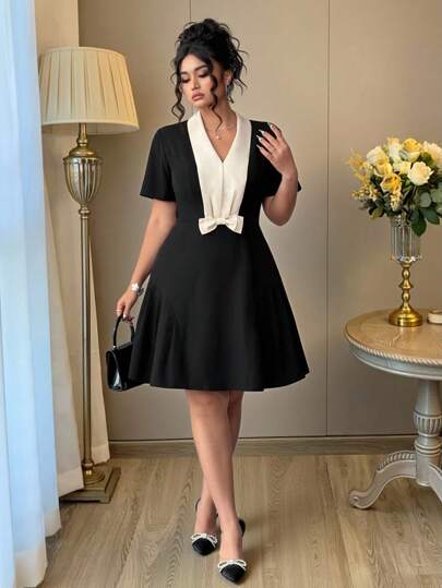 Elenzga Plus Size Women Elegant Casual Color Block Collar Bowknot, Waist Defined, Ruched A-Line Mini Dress, Short Sleeve, Spring/Summer