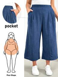 SHEIN Essnce Plus Size Women's Spring And Summer Fashion Casual Loose And Comfortable Daily Elastic Waist Blue Wide-Leg Pants Cropped Pants,Baggy Pants ,Women Bottom,Capris For Women,European Summer,Work Pants