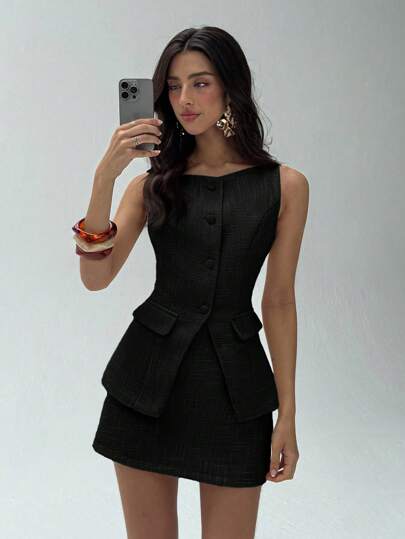 Aloruh 女士优雅办公室通勤日常粗花呢单肩无袖单排扣西装背心秋冬