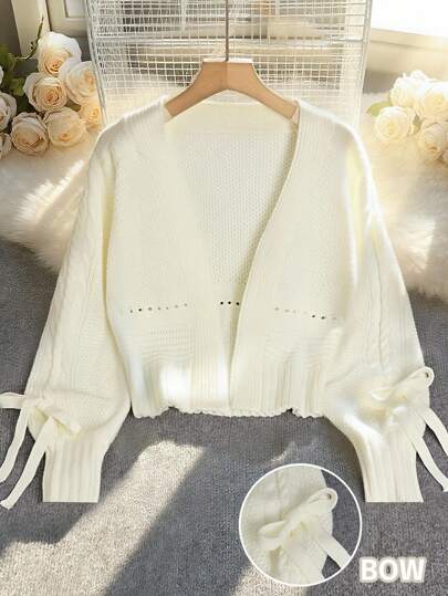 Franclia 女士休闲简约日常通勤蝴蝶结灯笼袖针织开衫，春秋季全白针织毛衣学院风秋装