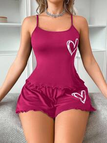 SHEIN 女士心形印花吊带背心和短裤睡衣套装，休闲简约 - 玫紅色 - 查看 5