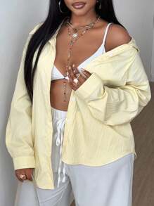 Maweii Camisa holgada de manga larga, de un solo color, informal y versátil para usar a diario, talla grande - Amarillo - Ver 6