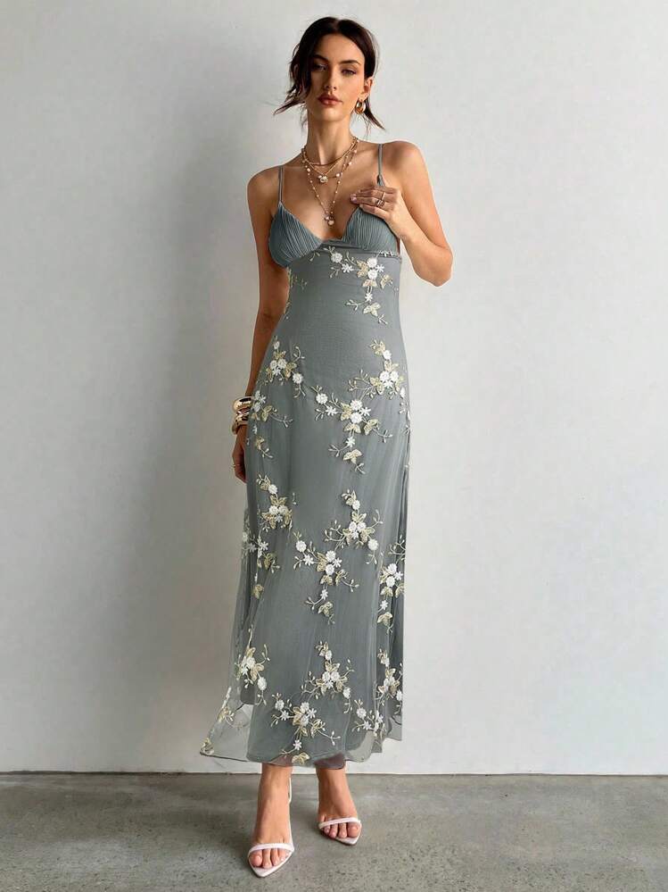 Aloruh Vestido romántico de mujer con cuello en V profundo, busto fruncido, cintura ajustada y bordado elegante - Multicolor - Añade 5