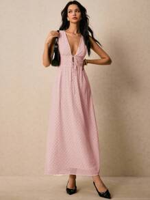 Poéselle Women's Sexy V-Neck Polka Dot Print Long Dress, Summer - Baby Pink - View 2