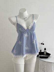 Elamini Camiseta de tirantes con espalda descubierta y nudo con bordado floral sencillo para vacaciones de verano - Azul - Ver 3