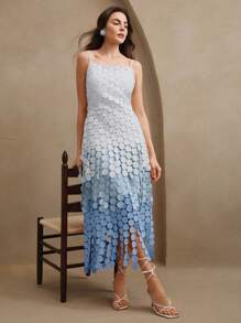 Anewsta Váy suông cạp cao thêu tua rua tròn, có lớp vải rủ mềm mại, trang phục mùa hè cho phụ nữ dự tiệc - Màu xanh lam - Xem 3