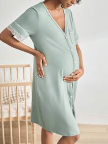 BloomMama Maternity Short Sleeve Nursing Nightgown With Lace&Button,Fashion Loungewear Sleepwear Pajama Dress Sleep Shirt - Green - View 4