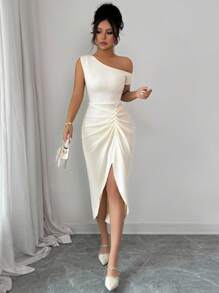 Rafferiza Vestido asimétrico de media longitud sin mangas con pliegues para mujeres - Albaricoque - Ver 6