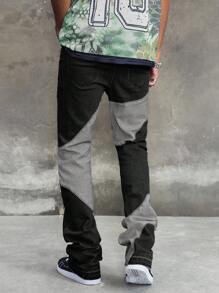 ROMWE MEN Street Life Quần jeans nam tuổi teen có túi và cúc, phối màu tương phản, kiểu dáng thường ngày. - màu đen - Xem 8