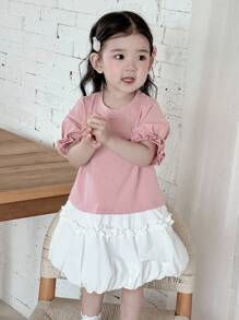 Dazy Kids Kleinkind Mädchen Rundhals Kontrast Farbige Puffärmel Midi Sommer Lässig Kleid