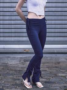 COUREZ Extreme Ruched Flared Trousers /Y2K Summer Bottoms Sexy Low Rise Vintage - Navy Blue - View 5