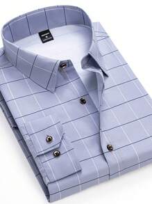 Manfinity Mode Men's Casual Blue Plaid Dress Shirt, Fall, Long Sleeve Top - Grey - View 1